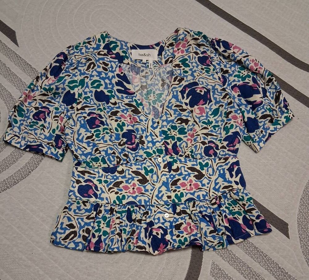 Ba & sh womens small blue green blouse cotton viscose pristine condition